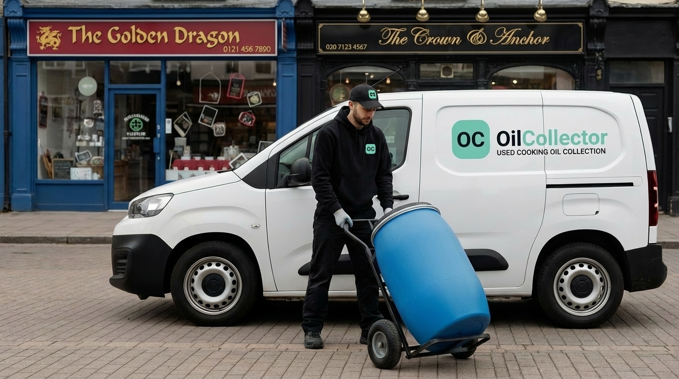 Professional used cooking oil collection service for UK businesses Oil Collector technician with branded van collecting used cooking oil from UK restaurant